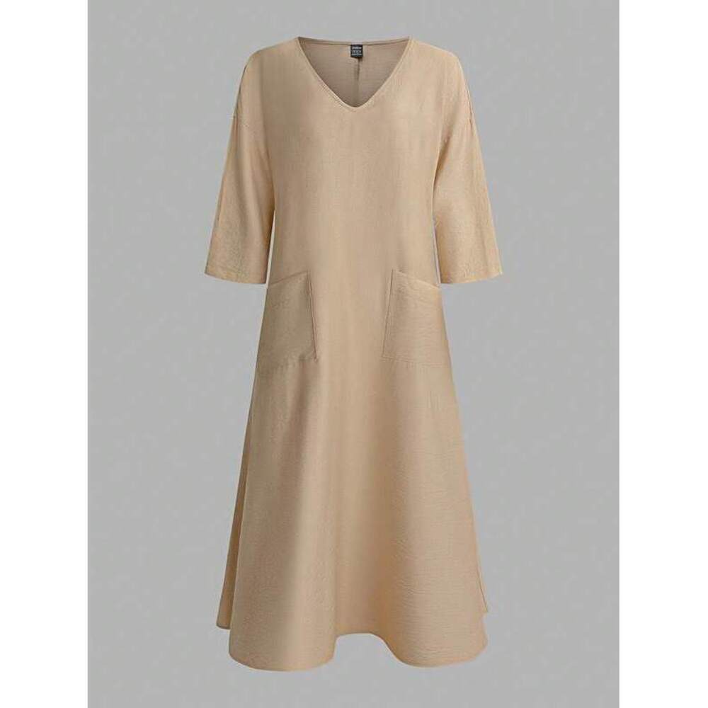 Holidaya New Light Beige V-Neck Linen-Like Loose Maxi Dress